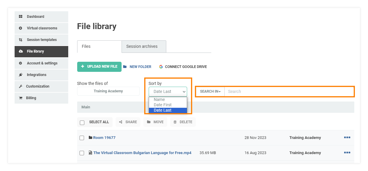 Virtual Classroom File Library: You can filter out files by different Name, Date, Size, and Type