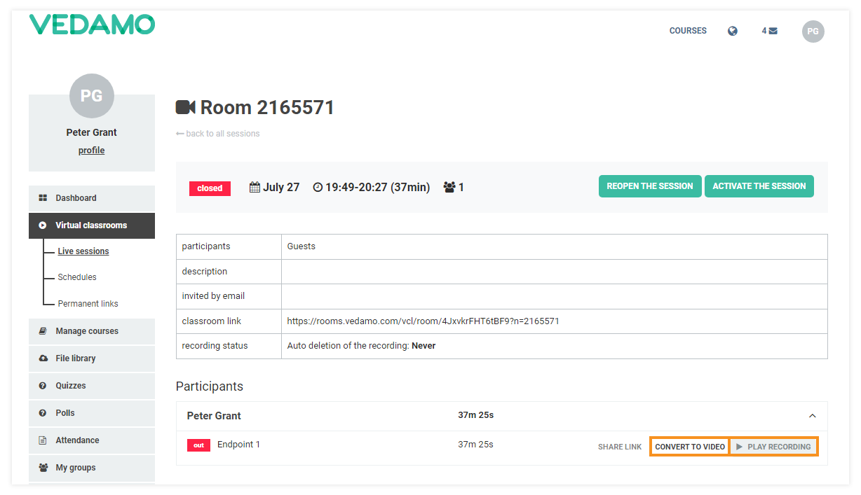 Stand-alone Virtual Classrooms in the LMS: Organisation and Administrator roles give you access to extra options