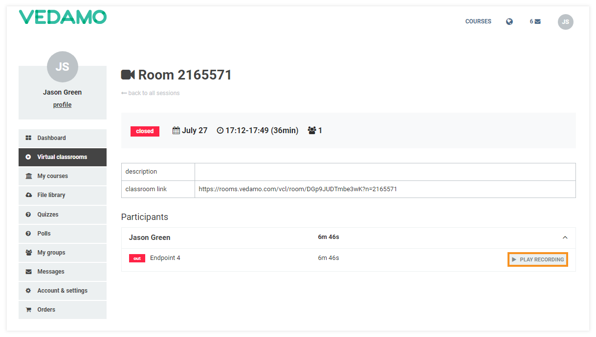 Stand-alone Virtual Classrooms in the LMS: Students (user role) have access to the recordings only from their point of view