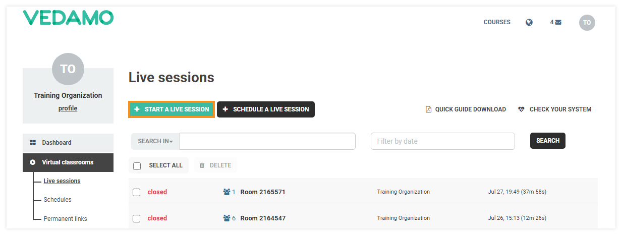 Stand-alone Virtual Classrooms in the LMS: Click Start a live session to open a Vedamo Stand-alone room