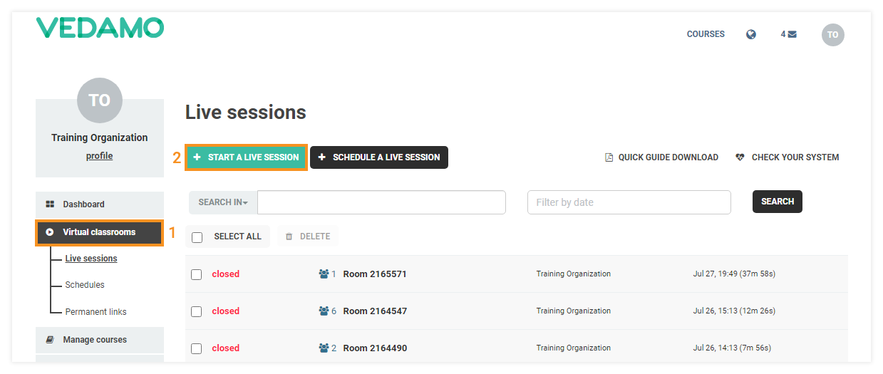 Stand-alone Virtual Classrooms in the LMS: To open a new stand-alone room click on Click Start a live session