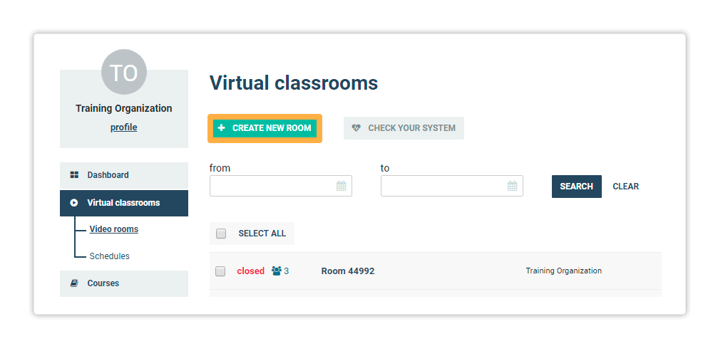 Stand-alone Virtual Classrooms in the LMS To open a new stand-alone room click on Create new room