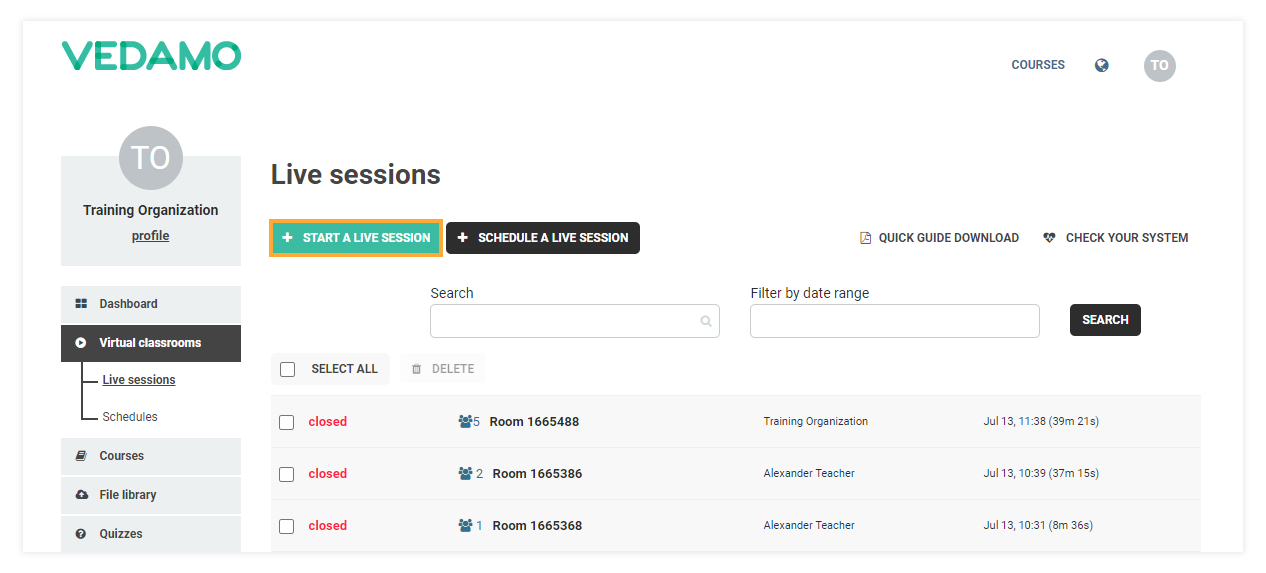 Stand-alone Virtual Classrooms in the LMS Stand-alone Virtual Classrooms in the LMS: To open a new stand-alone room click on Click Start a live session