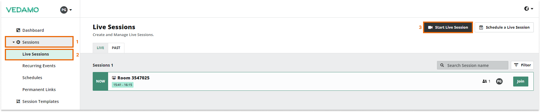 Virtual Classroom Templates: Start a new live session