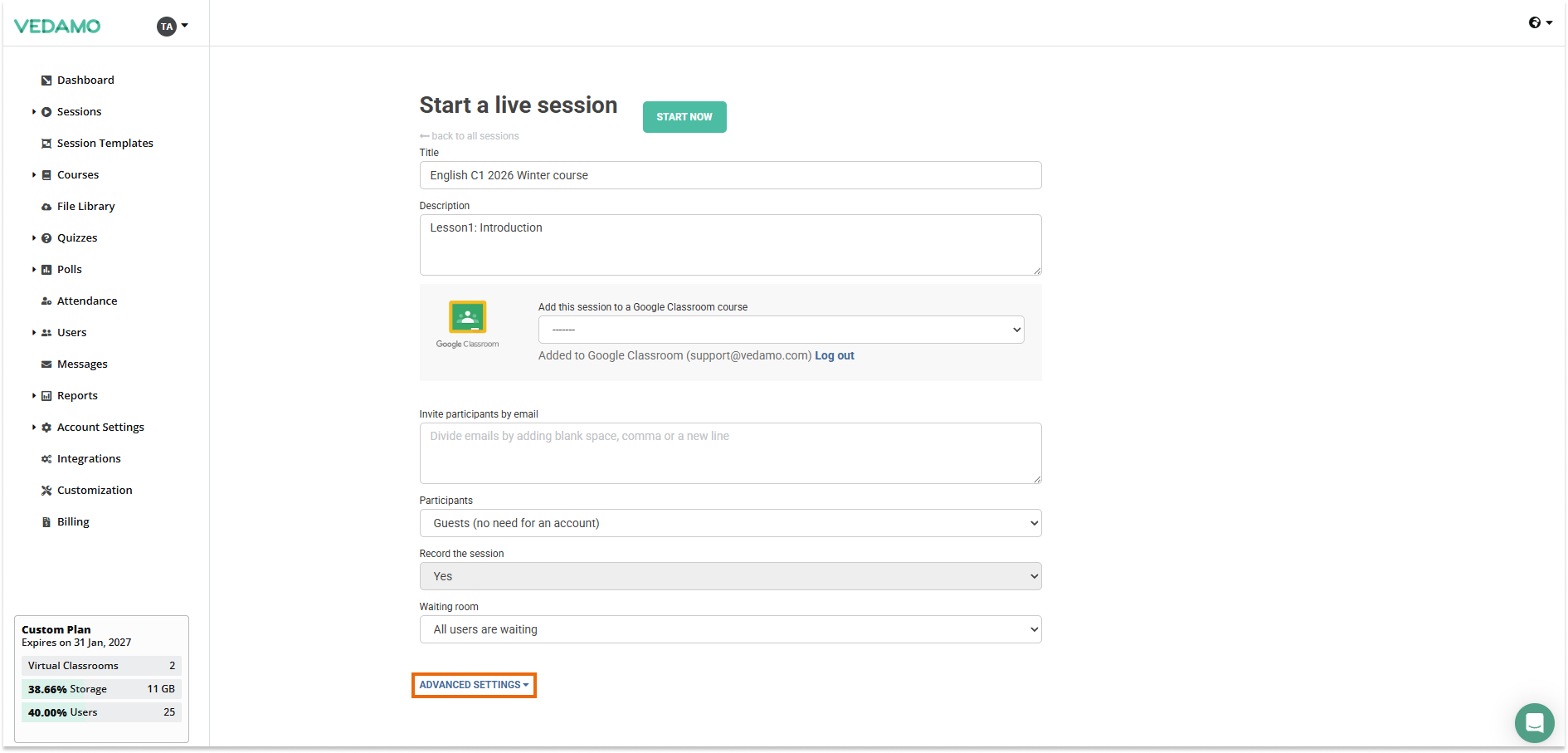 Virtual Classroom Advanced Settings: Location of the Advanced setting just above the "Start now" button