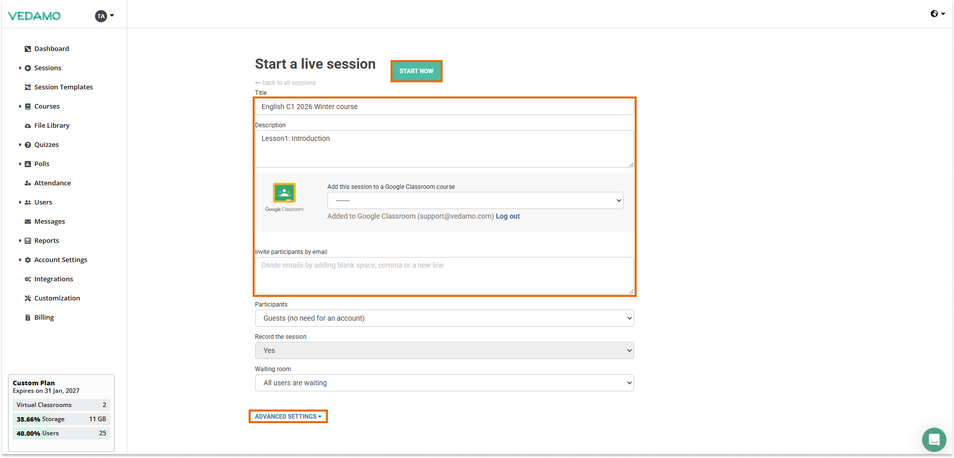 You can customize your Virtual Classroom while opening it Virtual Classroom - Create a new room: You can customize your Virtual Classroom while opening it