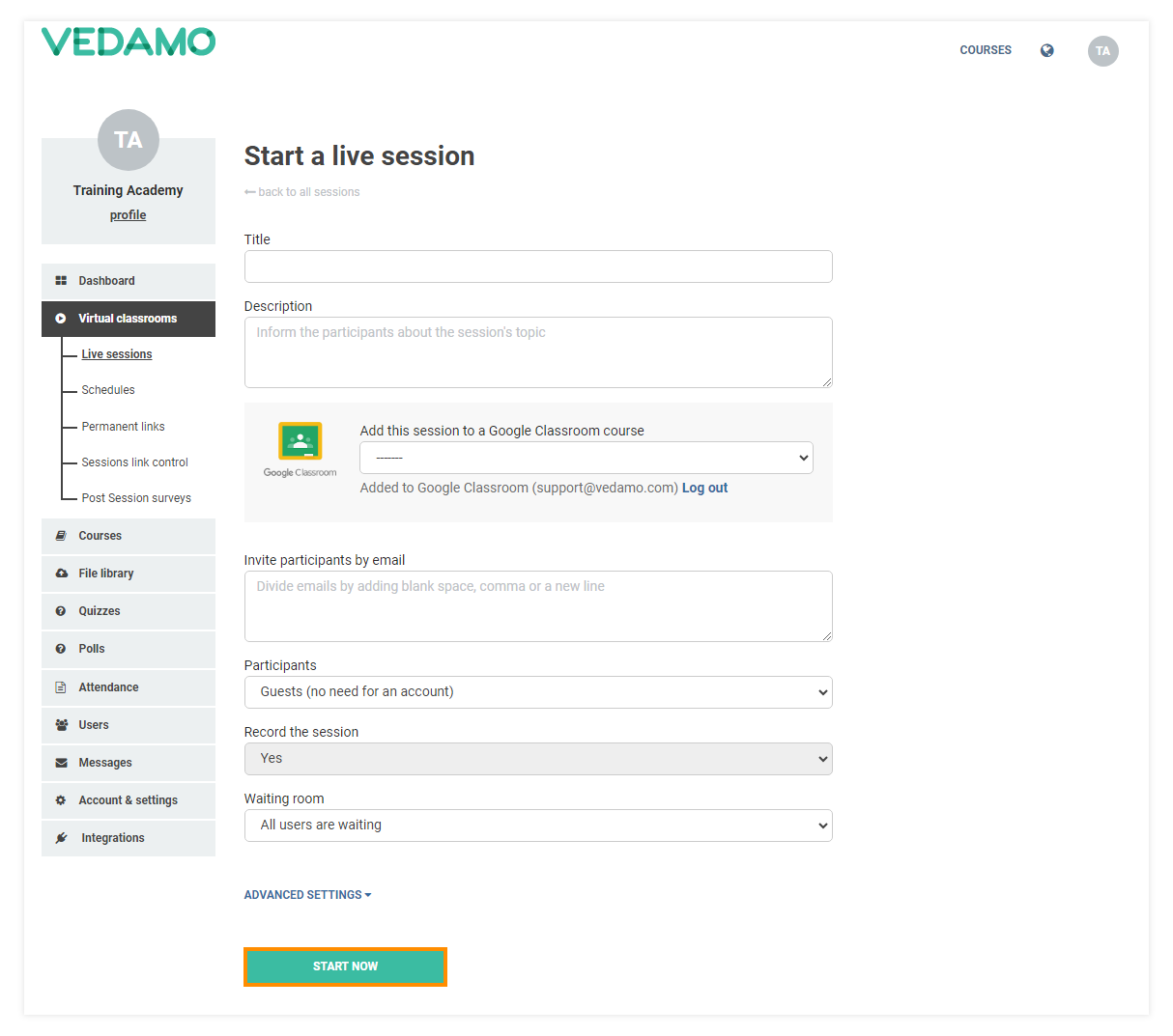 Virtual Classroom Advanced Settings: Location of the Advanced setting just above the "Start now" button