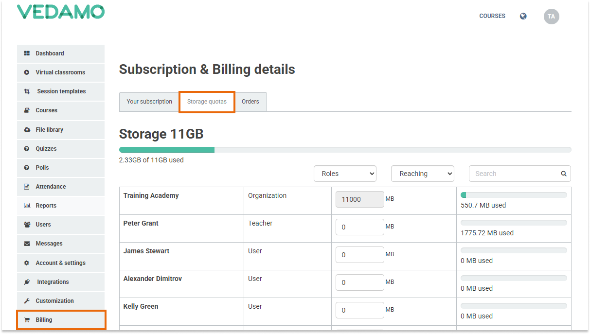 LMS Account and Settings - General Settings: Storage quotas shows you total distributed storage space between users for your Learning Management System