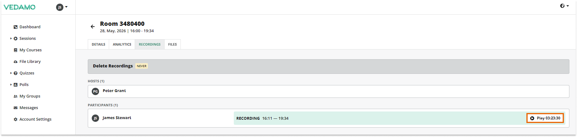 Stand-alone Virtual Classrooms in the LMS: Students (user role) have access to the recordings only from their point of view