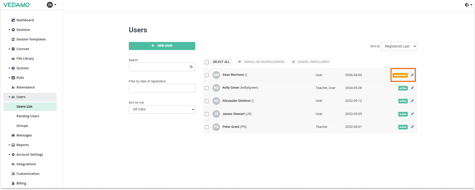 LMS Account and Settings - General Settings: Suspended user status