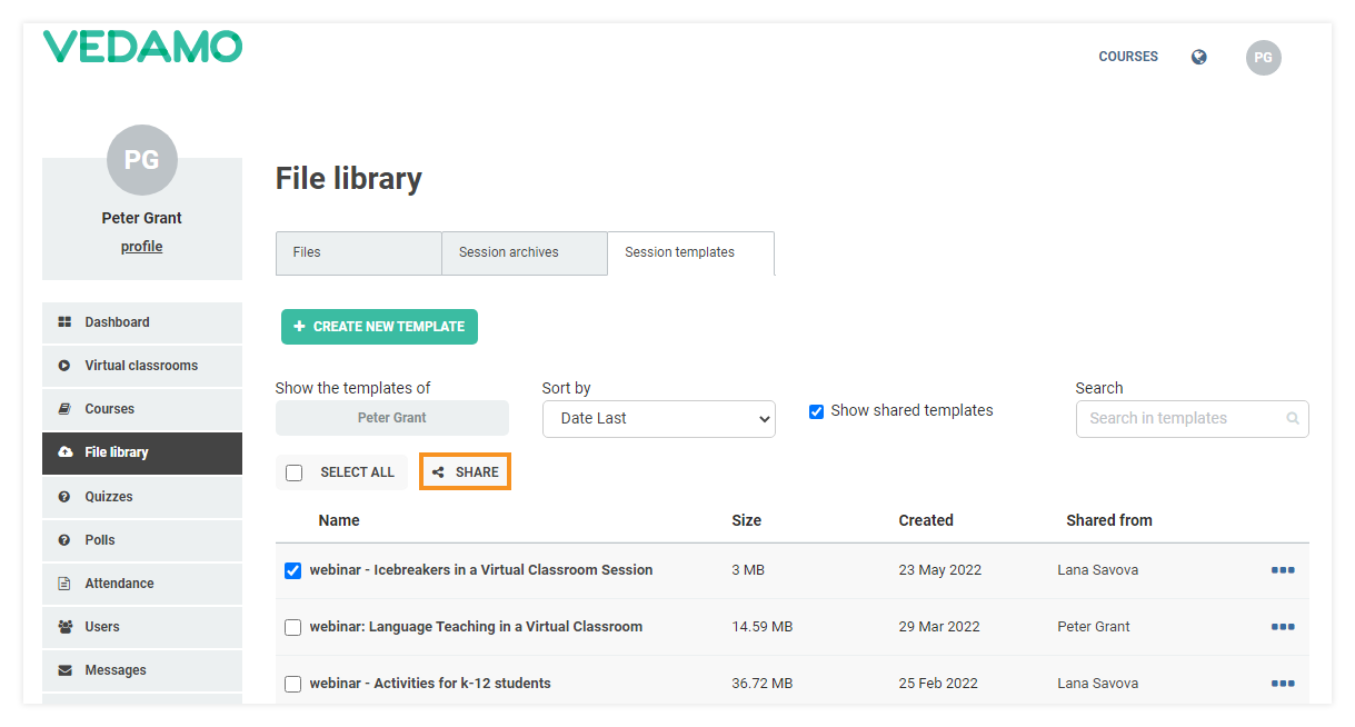 Templates management in the LMS: Virtual Classroom Templates: Share option