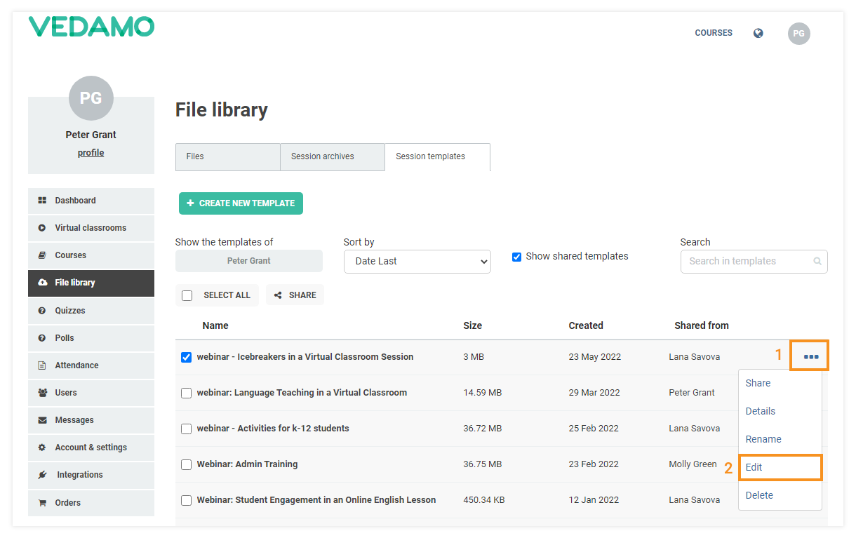 Templates management in the LMS: Edit a Template