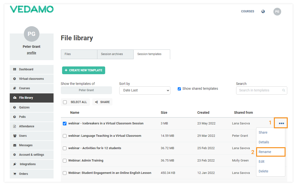 Templates management in the LMS: Rename a Template