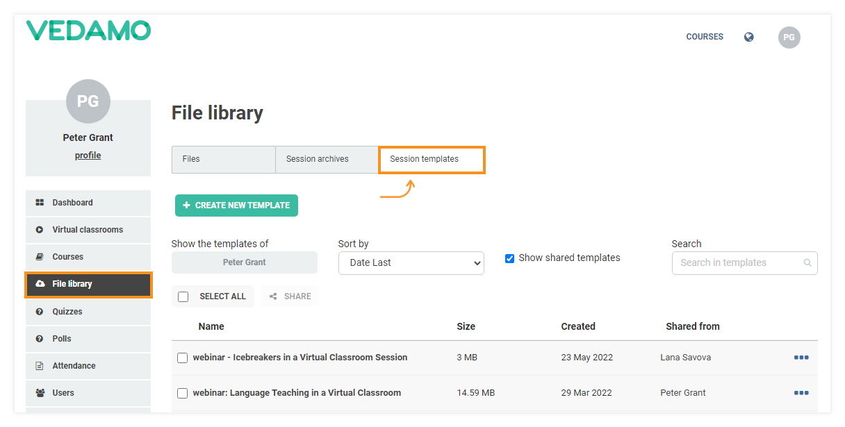 Templates management in the LMS: File library location of the session templates