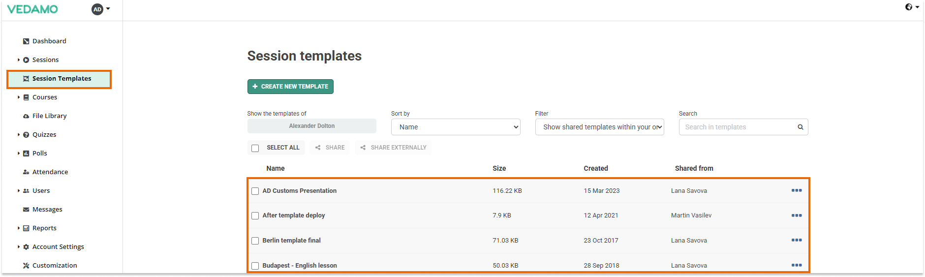 Templates management in the LMS: Session Templates location