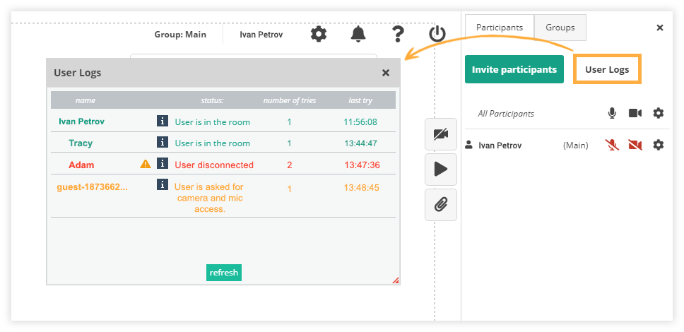 User Logs in the Virtual Classroom The User Logs allow you to see the current status of the entrants in your session