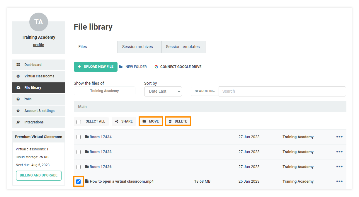 Delete action Virtual Classroom File Library: Deleting a file will prompt you to confirm your action
