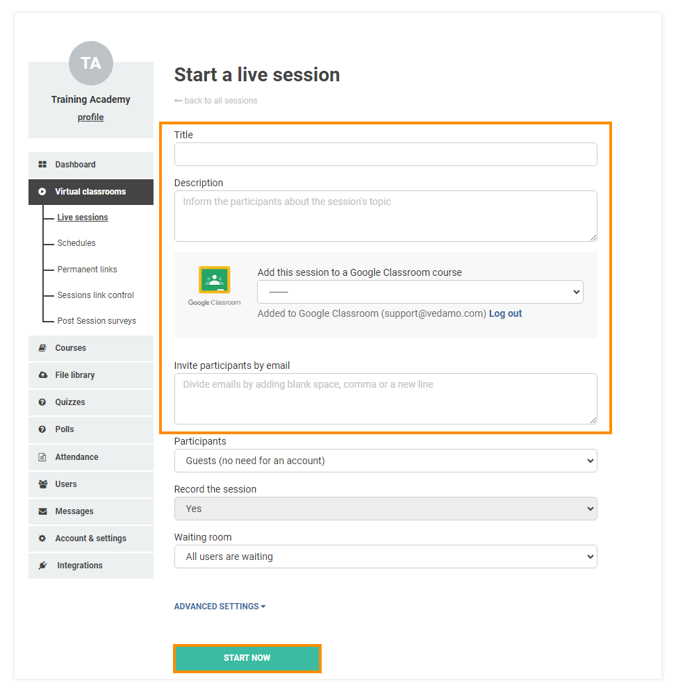 You can customize your Virtual Classroom while opening it Virtual Classroom - Create a new room: You can customize your Virtual Classroom while opening it
