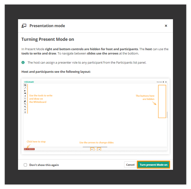 Virtual Classroom Presentation mode: Present mode pop-up