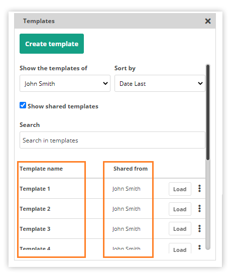 Virtual Classroom Templates: Template’s name and the user who has shared it