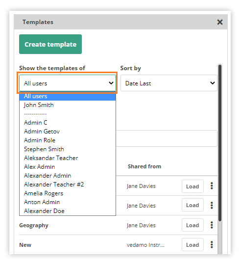 Virtual Classroom Templates: “Show the templates of” option from the viewpoint of the owner of the organization