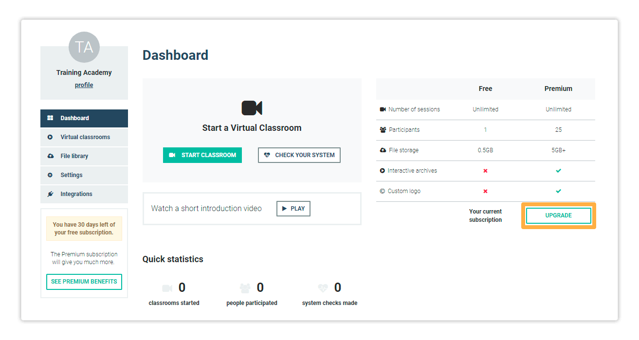 Virtual Classroom - Upgrade to premium: Click Upgrade to get your Virtual Classroom Upgrade to premium