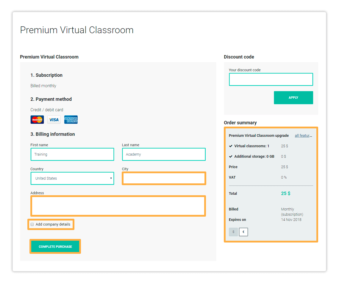Fill in your details and click Complete Purchase