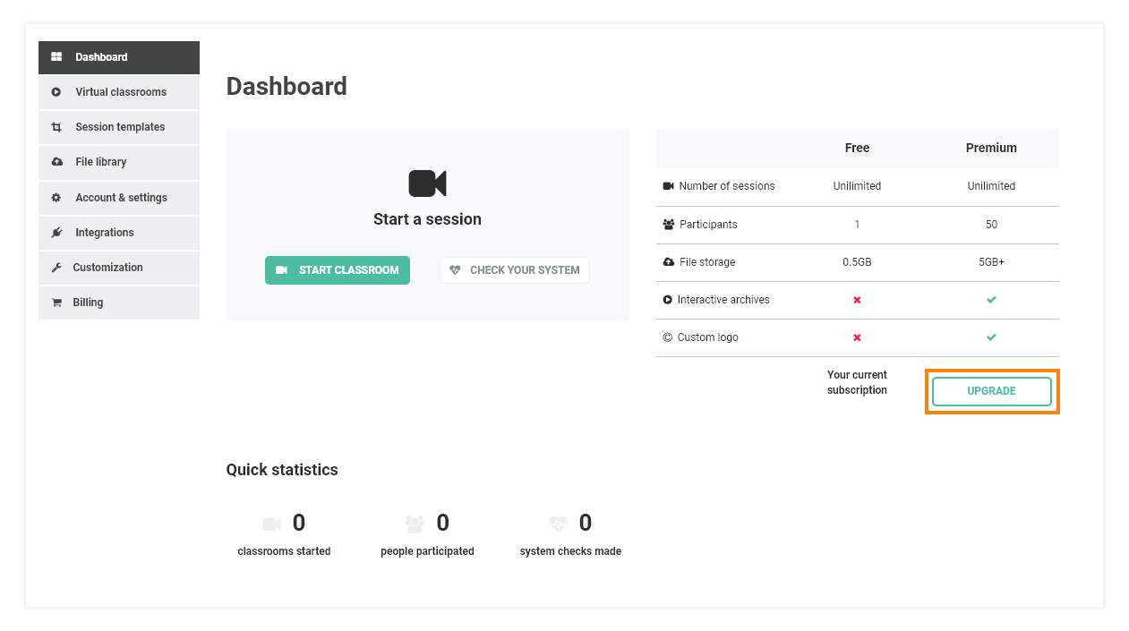 Virtual Classroom - Upgrade to premium: Click Upgrade to get your Virtual Classroom Upgrade to premium