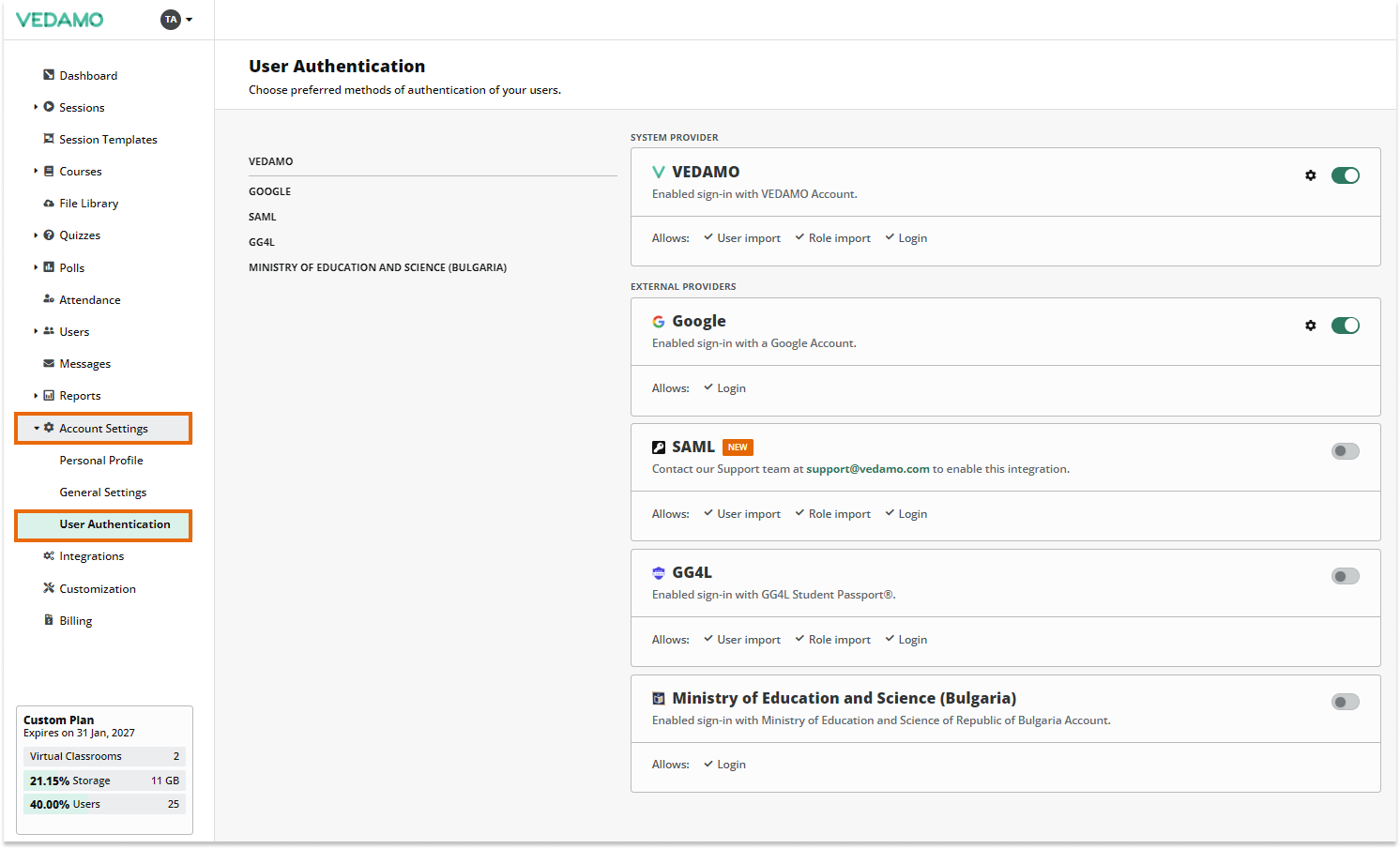 LMS Account and Settings - General Settings: User Authentication settings