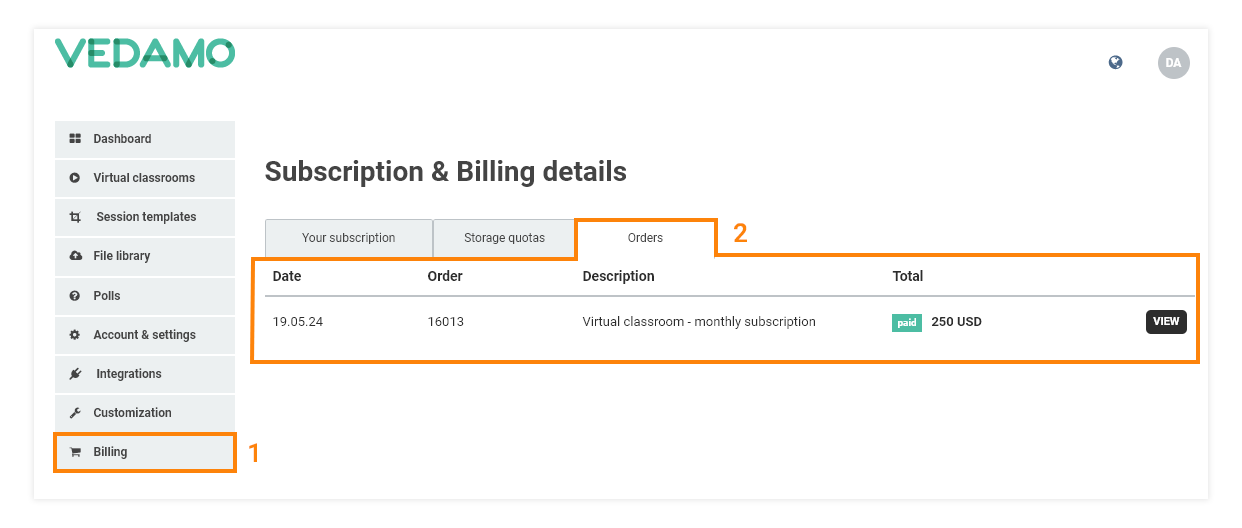 Virtual Classroom Plan and Registration - Subscribe to premium: The "Orders" tab contains a list of all of your past Invoices