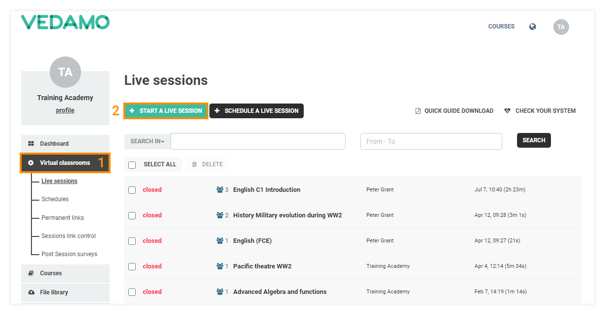 Virtual Classroom Advanced Settings: Before accessing the Advanced settings you will have to follow through with the virtual classroom opening procedure as usual