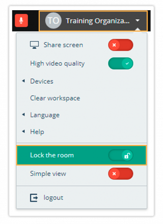 Virtual Classroom Dropdown menu Lock the room in the Virtual Classroom