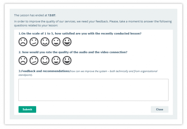 Virtual Classroom Dropdown menu Lesson Survey after the lesson