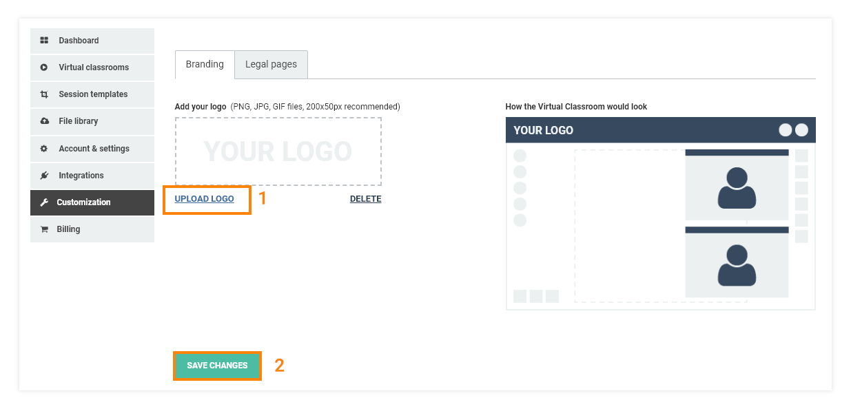 Virtual Classroom General Information Menu: You can customize your room with your own company logo