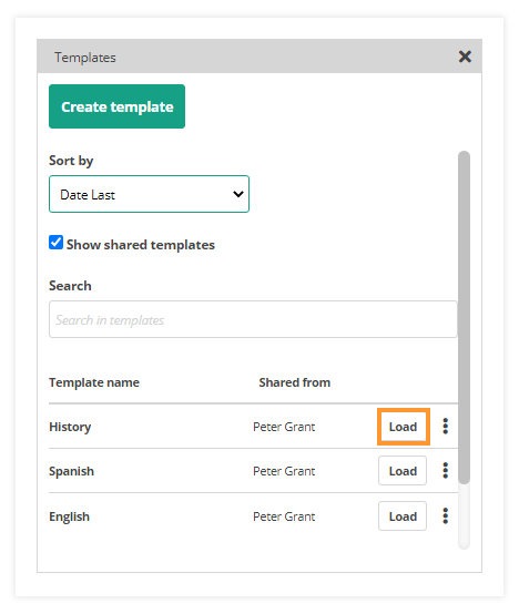 Virtual Classroom Templates: Pressing Load will load the template