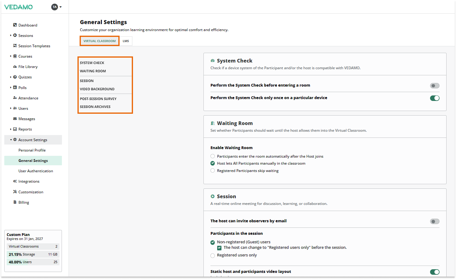 LMS Account and Settings - General Settings: Virtual Classroom Settings Overview