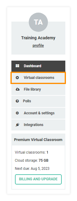 Virtual Classrooms menu: Click Virtual Classrooms to open the menu