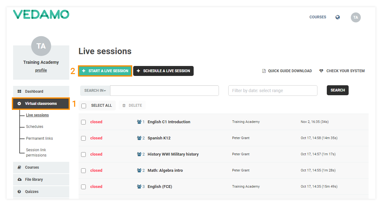 Virtual Classroom Advanced Settings: Before accessing the Advanced settings you will have to follow through with the virtual classroom opening procedure as usual