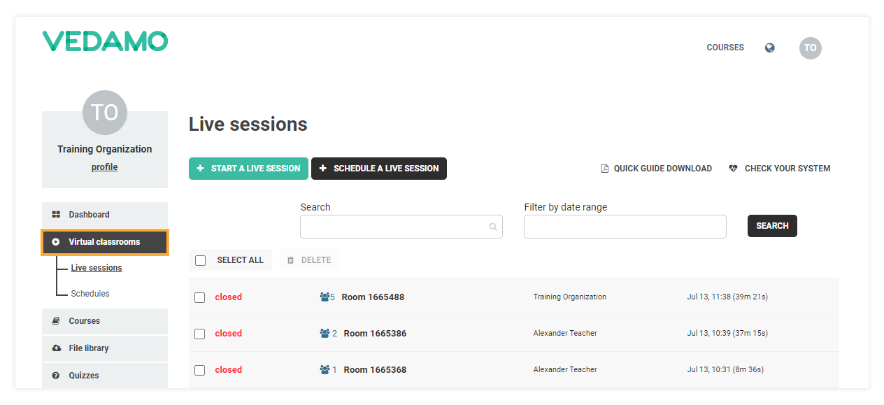 Stand-alone Virtual Classrooms in the LMS Stand-alone Virtual Classrooms in the LMS: The Virtual Classroom menu will open a list of past and ongoing Virtual rooms