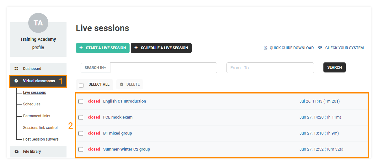 Virtual Classrooms menu: A list of all past sessions will open