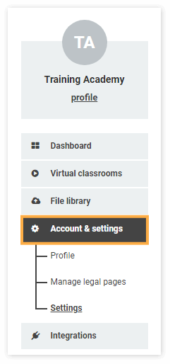 Virtual Classroom General Information Menu: The General Information tab is the third tab in a row from the Account and Settings menu