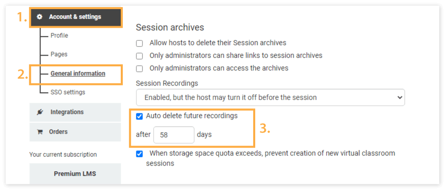 Interactive Recordings: Location of the Auto Delete function in the Account & Settings page