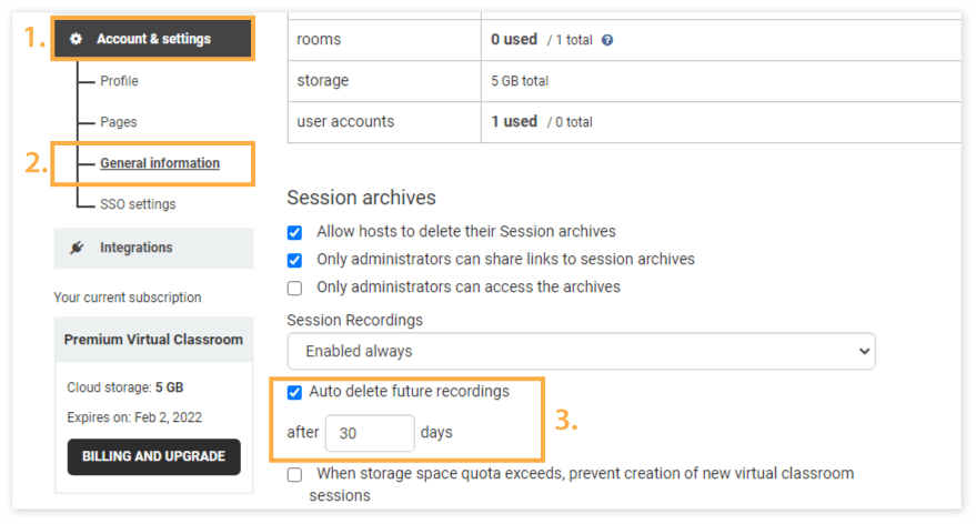 Interactive Recordings: Position of the Auto-Delete recordings option in the Virtual Classroom plan