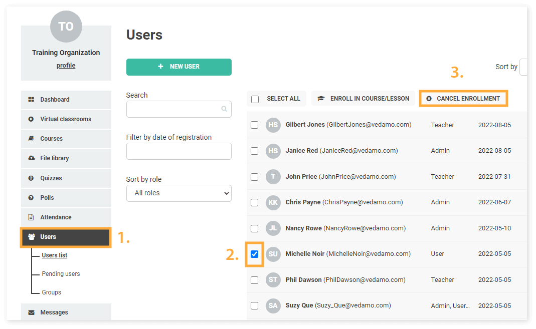 Add participants in your LMS course: Selecting the user(s) who will be removed from the course