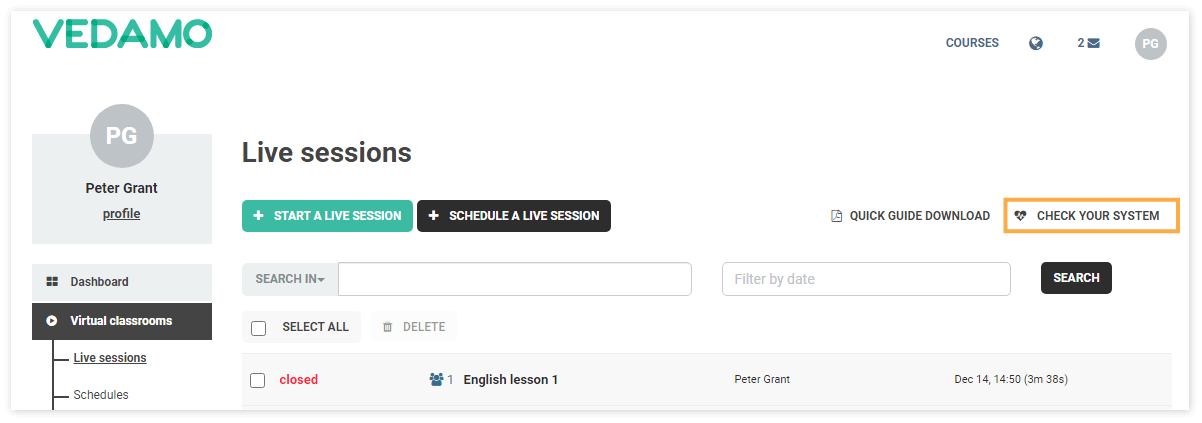 The System check is also available as an external (without starting a new session) feature