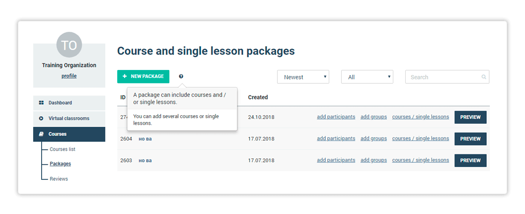 Learning Management System Create a Package An image of course and single lesson packages