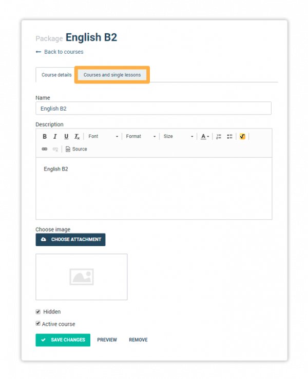 Courses and single lessons tab allows you to add a course to your package