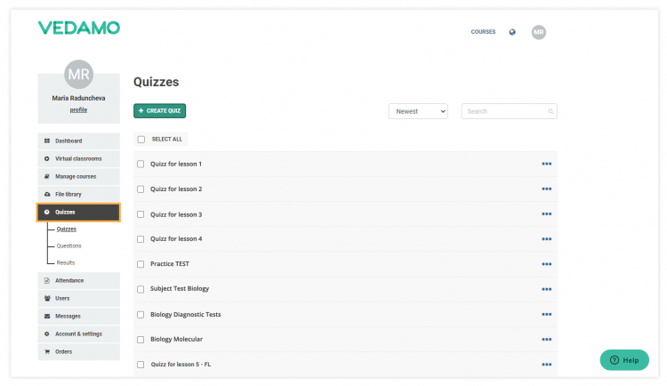 Click on Quizzes to see all the quizzes you have already created.