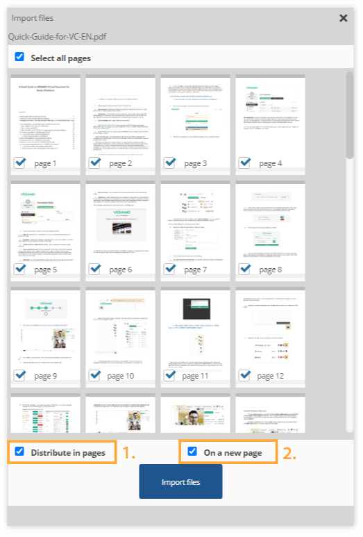 Virtual Classroom File Library: When you uploaded a file you can distribute it to a new page and according to your preferences