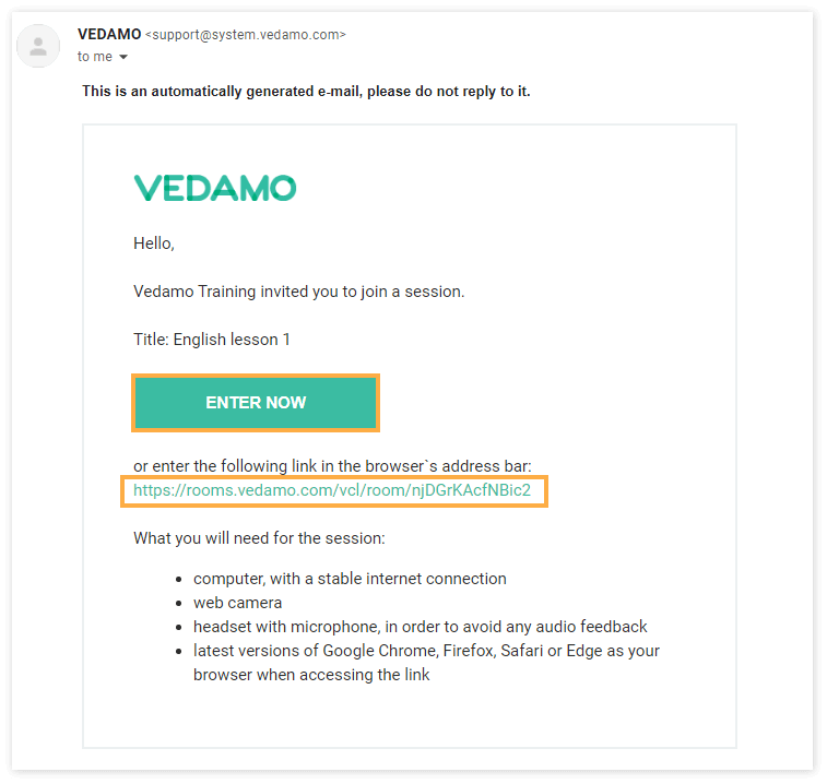 Enter the Virtual Classroom as a student: Click the Enter now button or the link to enter the Virtual Classroom as a student